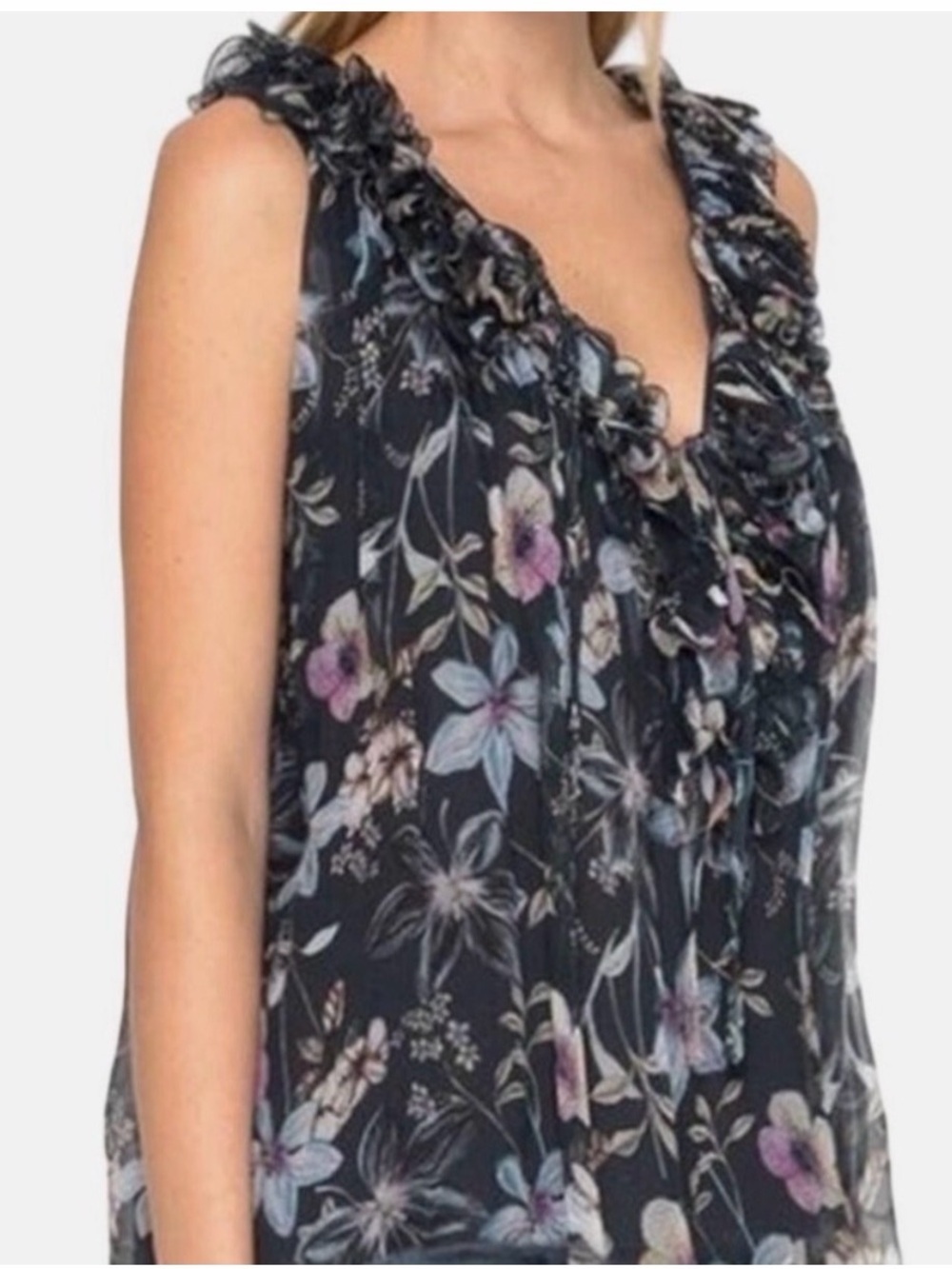 Johnny Was Travis Floral Ruffle Sleeveless Blouse